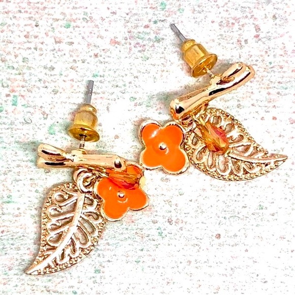 Hand Crafted Jewelry - Orange Enamel Flower on Branch with Gold Filigree Leaf and Crystal Post Earrings